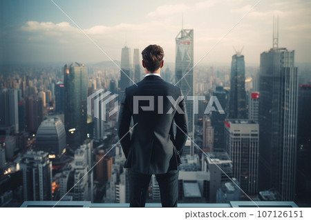 商人看著摩天大樓林立的城市：人工智慧生成的圖像 107126151
