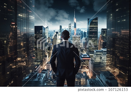 Businessman looking at a city lined with skyscrapers: AI-generated image 107126153