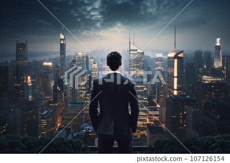 Businessman looking at a city lined with skyscrapers: AI-generated image 107126154