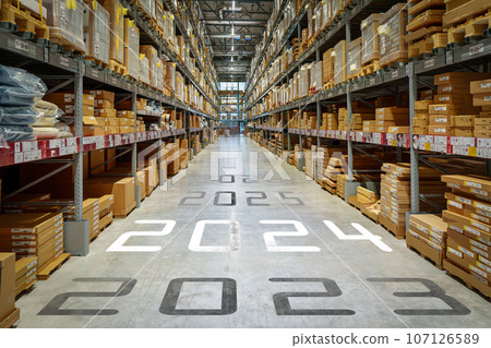 Large warehouse 2024 new year, warehouse storage and distribution of goods. 107126589