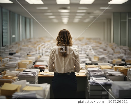 AI 影像顯示一名女子手握大量文書工作僵硬地站著 107126911