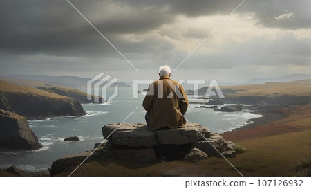 一位老紳士坐在岩石上眺望遠方AI圖像 107126932