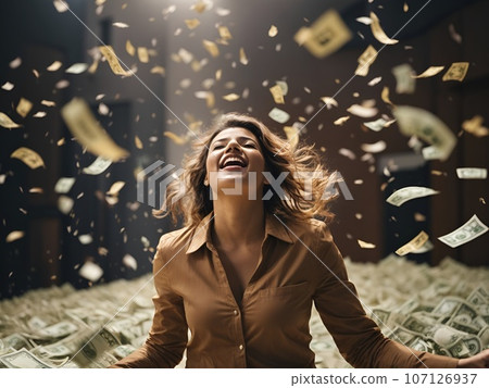 AI image of a woman jubilant with banknotes pouring down 107126937