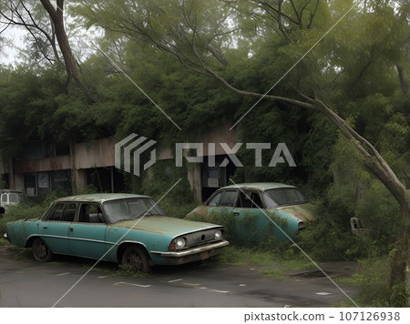 Tree-covered buildings and cars AI image 107126938