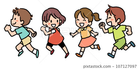 Illustration of four children running in short sleeves Illustration of four children running in short sleeves 107127097