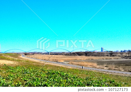 Distant view of Shin-Mikuni Bridge and Koga City seen from the right bank embankment of the Watarase River Distant view of Shin-Mikuni Bridge and Koga City seen from the right bank embankment of the Watarase River 107127173