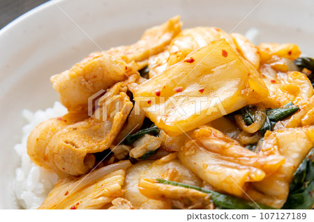 Close-up of pork kimchi bowl. 107127189
