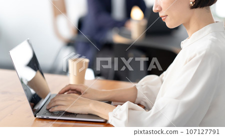 Woman working in coworking space 107127791