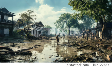 Hurricane winds destroyed homes, flooding and the aftermath of the disaster. High quality photo 107127863