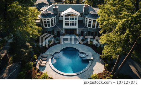 Exterior and interior design of villa with swimming pool and green garden, evening view with illumination. High quality photo 107127873