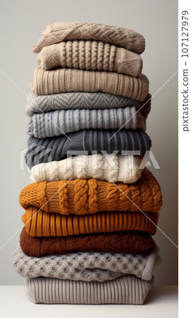 A stack of warm cozy knit sweaters for the whole family for fall picnics. High quality photo 107127979