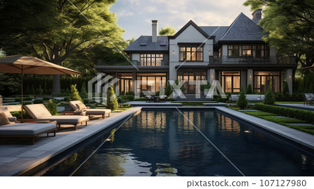 Exterior and interior design of villa with swimming pool and green garden, evening view with illumination. High quality photo 107127980