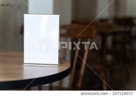 Stand Mock up Menu frame tent card blurred background design key visual layout. 107128037