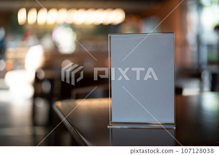 Stand Mock up Menu frame tent card blurred background design key visual layout. 107128038