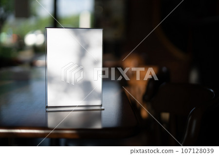 Stand Mock up Menu frame tent card blurred background design key visual layout. 107128039