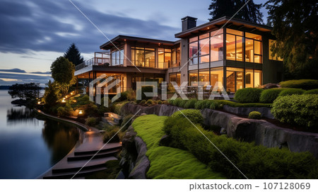 Beautiful evening exterior of a large modern home with glowing interior lighting and landscaping. High quality photo Beautiful evening exterior of a large modern home with glowing interior lighting and landscaping. High quality photo 107128069