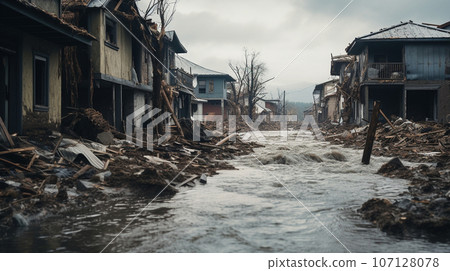 Hurricane winds destroyed homes, flooding and the aftermath of the disaster. High quality photo 107128078