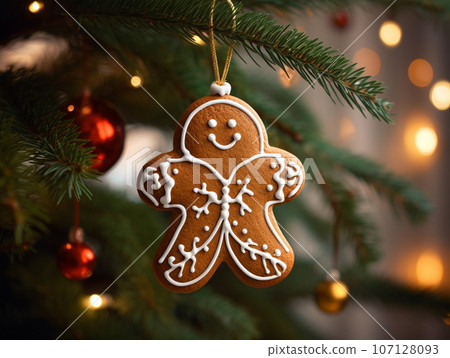gingerbread with icing hanging on the Christmas tree. High quality photo gingerbread with icing hanging on the Christmas tree. High quality photo 107128093