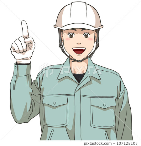 A man in work clothes with his index finger raised (wearing helmet and gloves) 107128105