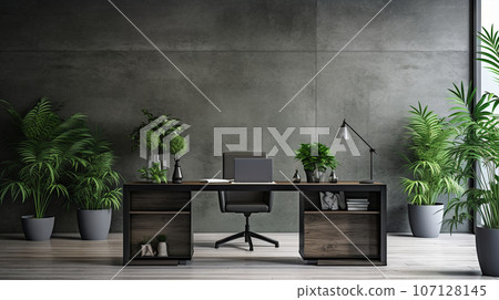 Modern office with concrete walls, wood and greenery. High quality photo Modern office with concrete walls, wood and greenery. High quality photo 107128145