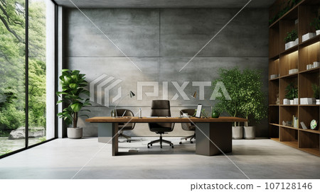 Modern office with concrete walls, wood and greenery. High quality photo Modern office with concrete walls, wood and greenery. High quality photo 107128146