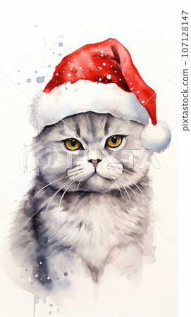 serious british cat in santa claus hat, watercolour drawing. High quality photo serious british cat in santa claus hat, watercolour drawing. High quality photo 107128147