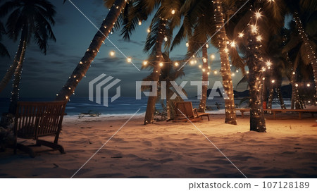 a nice warm evening at the sea, palm trees decorated in garlands for the holiday. High quality photo a nice warm evening at the sea, palm trees decorated in garlands for the holiday. High quality photo 107128189
