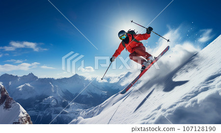 Snowboarder jumping big air, spraying snowflakes and flying over sun on perfect winter day. High quality photo 107128190