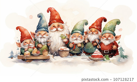 watercolor drawing of Christmas gnomes with cookies. High quality photo watercolor drawing of Christmas gnomes with cookies. High quality photo 107128217