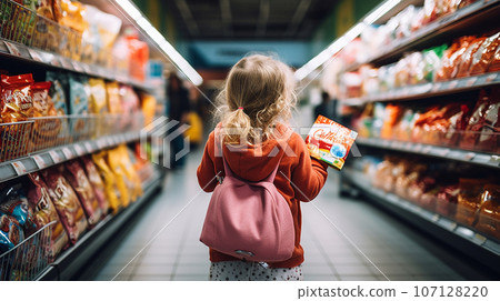 a little girl in a store picking out groceries, back view. High quality photo a little girl in a store picking out groceries, back view. High quality photo 107128220