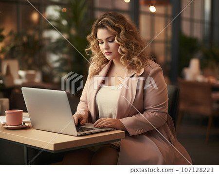 a plus-size businesswoman working at a computer. High quality photo a plus-size businesswoman working at a computer. High quality photo 107128221