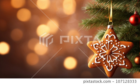 gingerbread with icing hanging on the Christmas tree. High quality photo 107128333