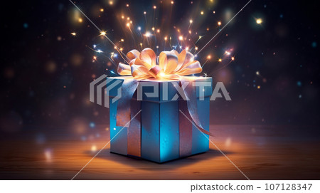 gift box with ribbons and confetti. High quality photo 107128347
