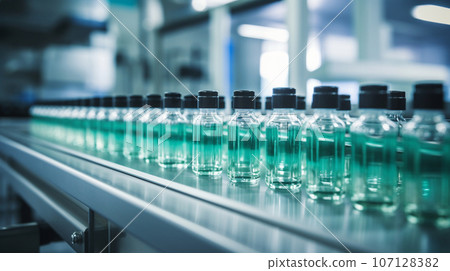 Pharmaceutical machine working, pharmaceutical glass bottles production line. High quality photo Pharmaceutical machine working, pharmaceutical glass bottles production line. High quality photo 107128382