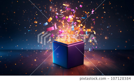 gift box with ribbons and confetti. High quality photo 107128384