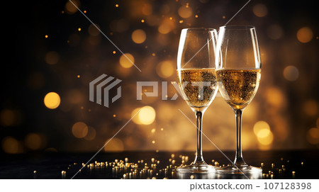 glasses of champagne on a dark background with New Year's lights. High quality photo glasses of champagne on a dark background with New Year's lights. High quality photo 107128398