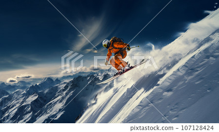 Snowboarder jumping big air, spraying snowflakes and flying over sun on perfect winter day. High quality photo 107128424