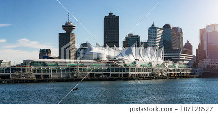 Canada Place and Vancouver Lookout in Downtown Vancouver, British Columbia, Canada. Cityscape Panorama Background Canada Place and Vancouver Lookout in Downtown Vancouver, British Columbia, Canada. Cityscape Panorama Background 107128527