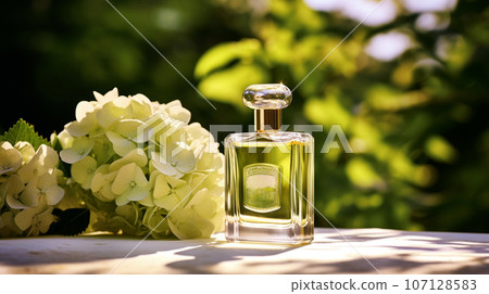 glass bottle with perfume on the background of blooming garden and greenery. High quality photo glass bottle with perfume on the background of blooming garden and greenery. High quality photo 107128583