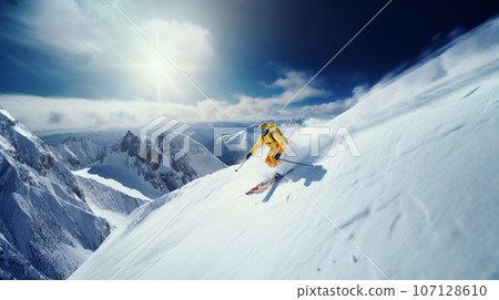 Snowboarder jumping big air, spraying snowflakes and flying over sun on perfect winter day. High quality photo Snowboarder jumping big air, spraying snowflakes and flying over sun on perfect winter day. High quality photo 107128610