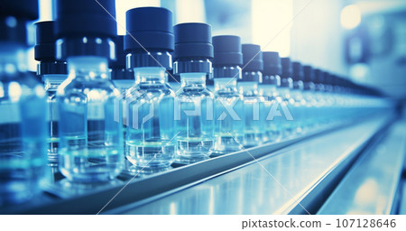 Medical vials on production line at pharmaceutical factory. High quality photo Medical vials on production line at pharmaceutical factory. High quality photo 107128646