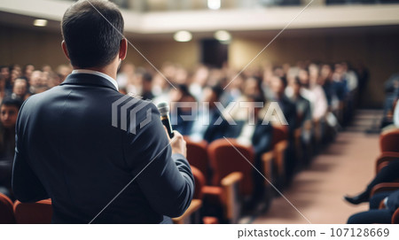 Back view of unrecognizable people in a conference room at a business event. Concept of business and entrepreneurship. High quality photo Back view of unrecognizable people in a conference room at a business event. Concept of business and entrepreneurship. High quality photo 107128669