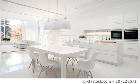 white spacious modern kitchen with beautiful furniture. High quality photo 107128671