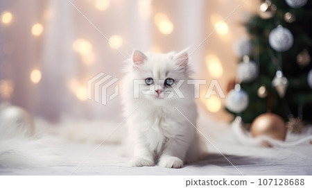A WHITE FLUFFY KITTEN IN THE HOUSE ON THE FLOOR LIES AGAINST THE BACKGROUND OF A CHRISTMAS TREE AND BOKEH. High quality photo A WHITE FLUFFY KITTEN IN THE HOUSE ON THE FLOOR LIES AGAINST THE BACKGROUND OF A CHRISTMAS TREE AND BOKEH. High quality photo 107128688