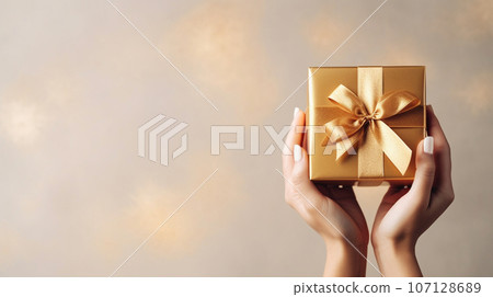 festive box in hand on a New Year elegant background. High quality photo festive box in hand on a New Year elegant background. High quality photo 107128689