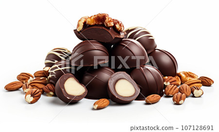 chocolate appetizing candies with almonds and pecans, with cream filling, on a white background. High quality photo chocolate appetizing candies with almonds and pecans, with cream filling, on a white background. High quality photo 107128691