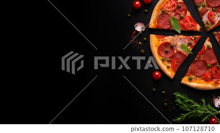 Italian pizza with pepperoni cheese tomatoes tomatoes and basil on black background with space for text. High quality photo 107128710