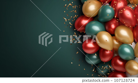 green-gold metallic balloons with ribbons and sequins on a green background. High quality photo green-gold metallic balloons with ribbons and sequins on a green background. High quality photo 107128724