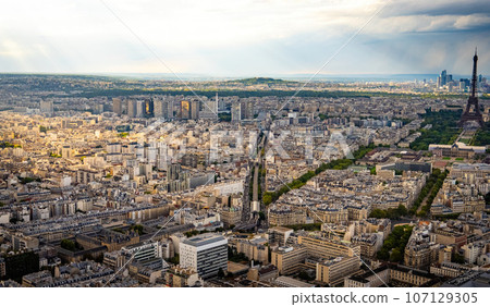 Aerial view over the large city of Paris France Aerial view over the large city of Paris France 107129305