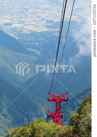 The red ropeway pillar and the cityscape below seen from the mountaintop The red ropeway pillar and the cityscape below seen from the mountaintop 107129358